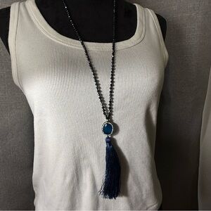 Elegant Blue Beaded Necklace with Tassel